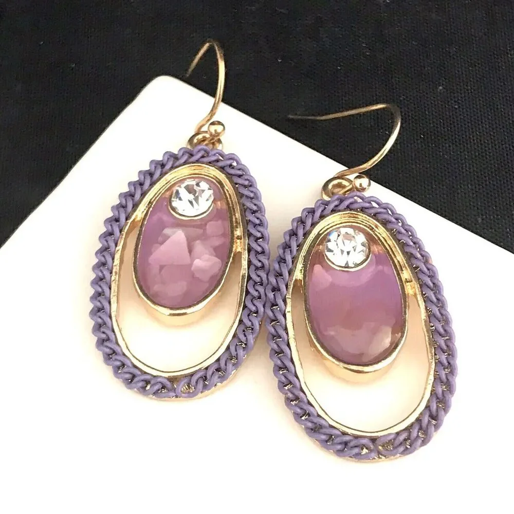 New Purple Enamel Earrings Gold Tone Crystal Dangle Women's - 1K